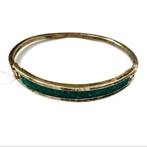 VINTAGE TURQUOISE SILVER TONED INLAY HINGE BRACELET